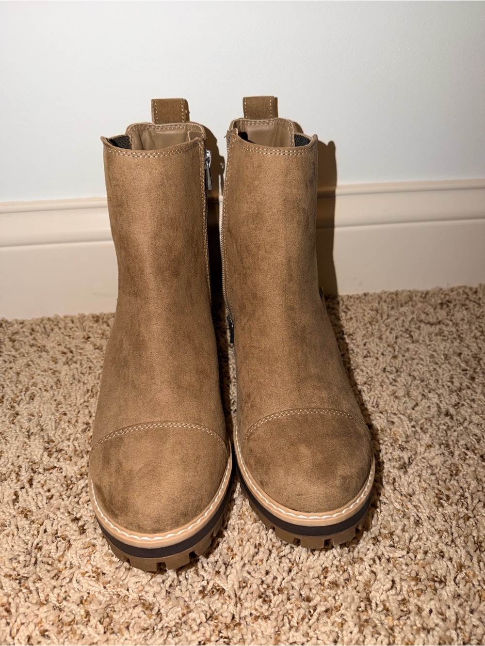 Chunky Sole Suede Ankle Boots in Light Brown